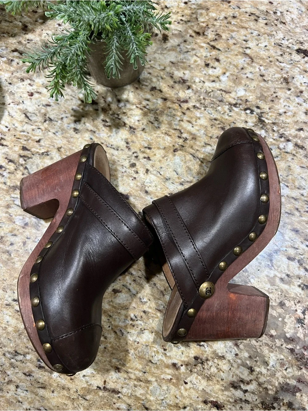 Chanel Brown Leather Interlocking CC Studded Platform Clog Mules 37.5